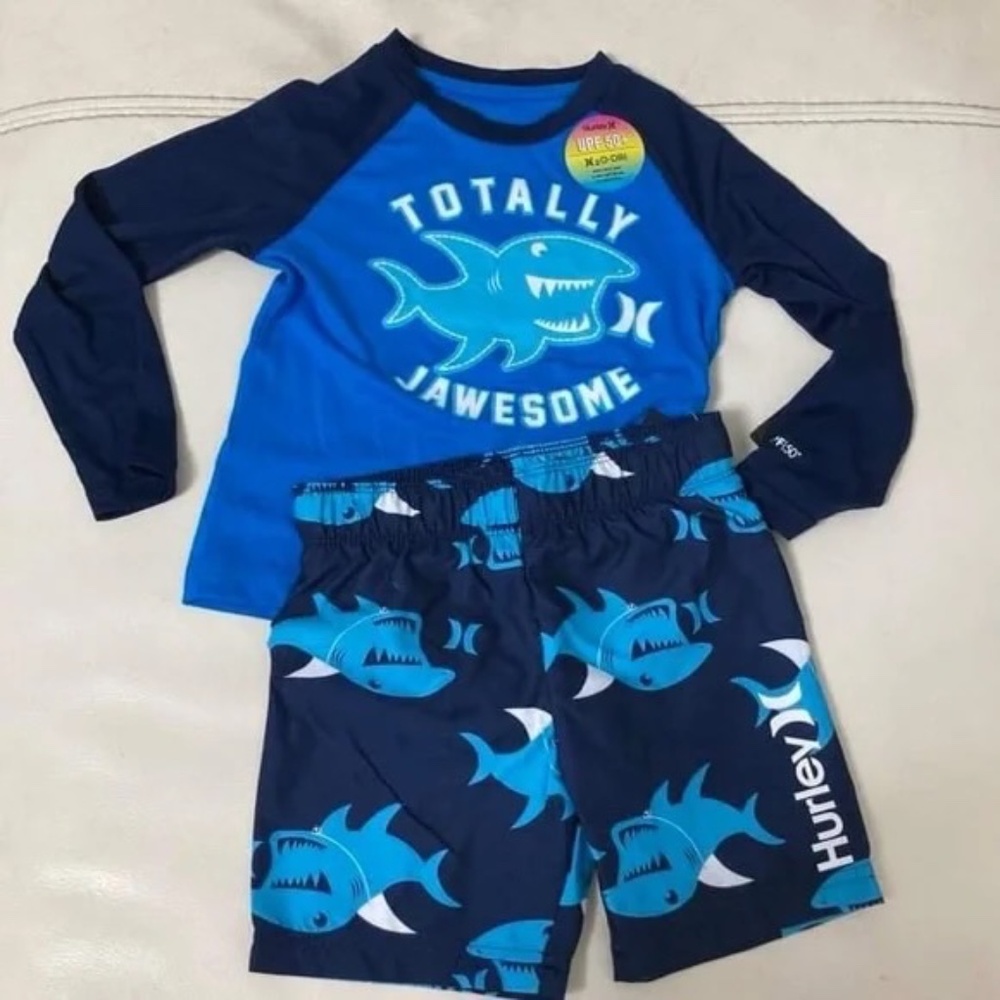 Hurley Shark Cure Swim boy long sleeve top shorts set - Picture 4 of 6